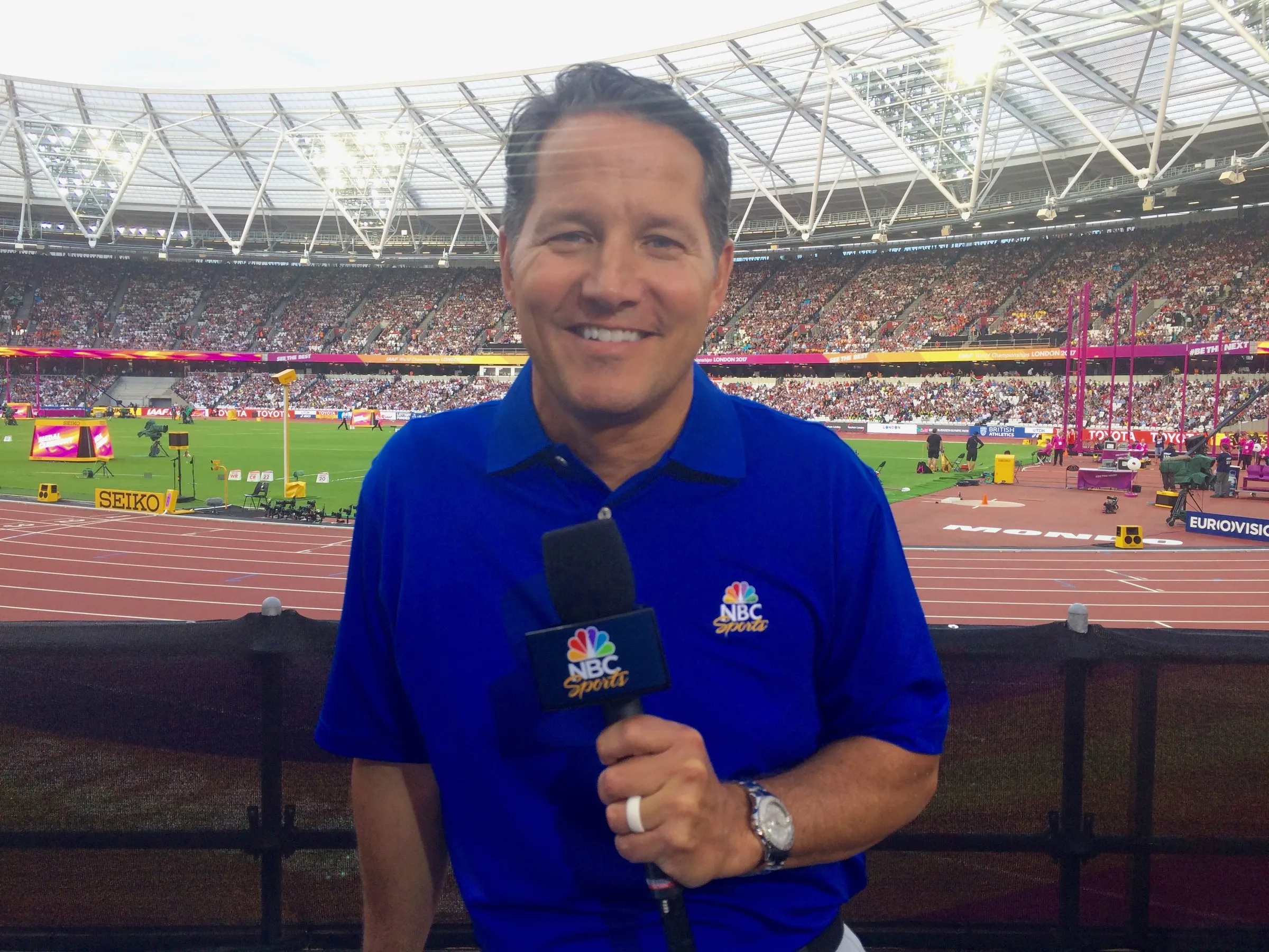 Todd Harris on the infield of the London Olympic Stadium track.